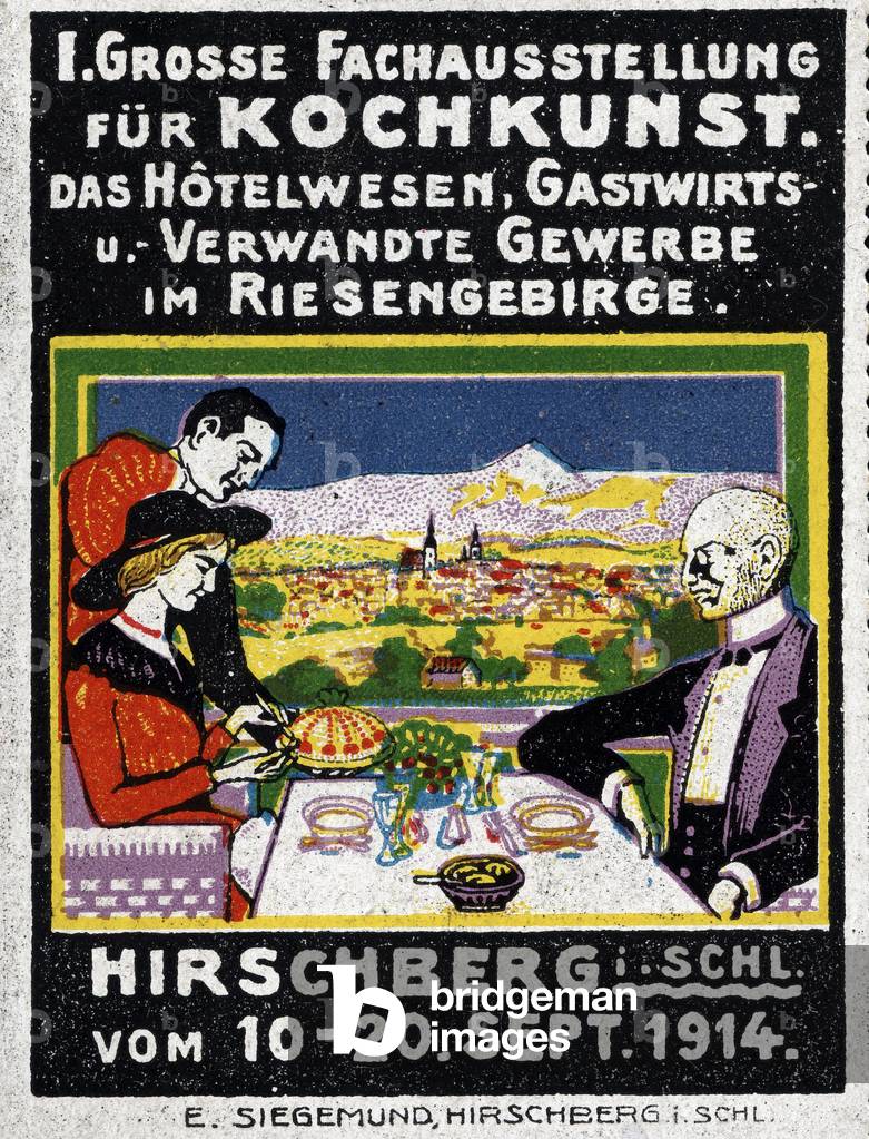 A restaurant waiter brings a dish to an elegant couple, settles in the window, or registers the panorama of a city, at the foot of the Sudetes chain (Poland, Czech Republic) - Illustrated vignette, claimed for the great exhibition of gastronomy, hospitality and tourist farms and businesses in the Monts des Geants ( Riesengebirge), Hirschberg (Germany), 1914
