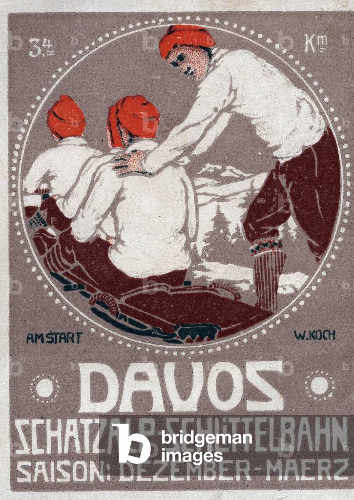 Men settle in a bobsleigh (bobsled) on an amenagee track - Vignette illustree by W.Koch, claim for the sledge track in Davos (Switzerland), beginning 20th century