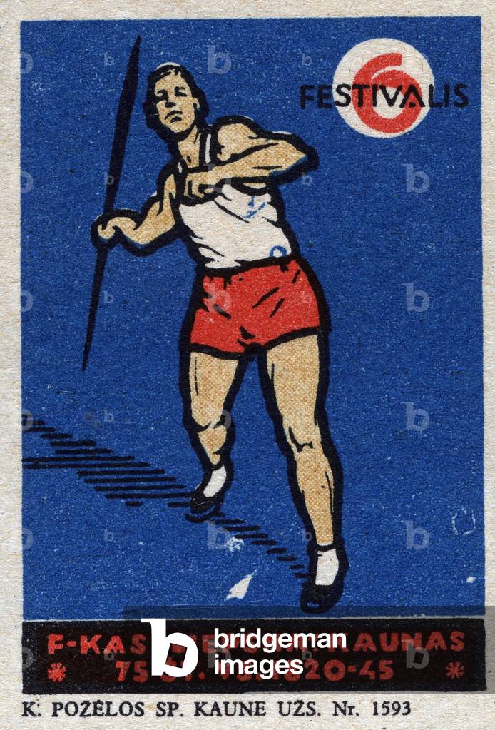 An athlete has the test of javelin throwing - Illustree vignette, claimed for the 6th festivalis, F-Kas Liepsna, in Kaunas (Poland), beginning 20th century