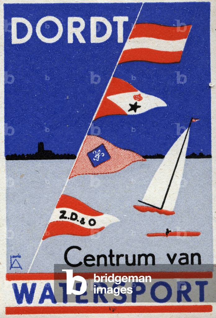 A sailboat and nautical signalling flags - Illustrated vignette, reclaimed for the nautical centre of Dordt (Dordrecht, Netherlands), 20th century
