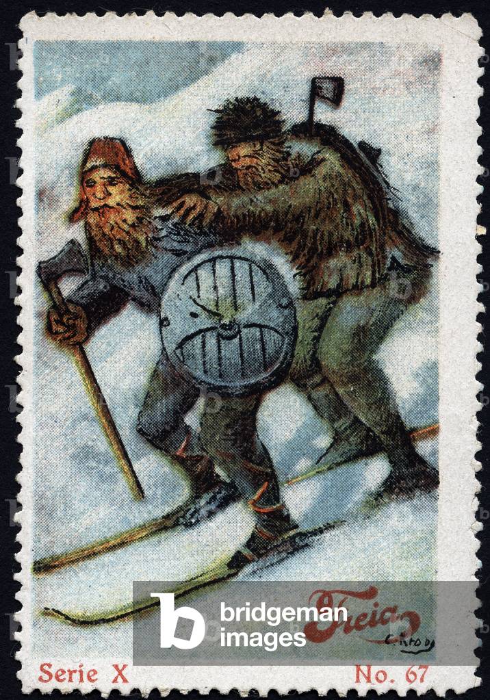 Two men, in fur suits, weapons of axes and shields, one holding the shoulders of the other to guide themselves and keep the balance - Illustrated vignette, claimed for Freia (brand of Norwegian chocolate), 19-20th century