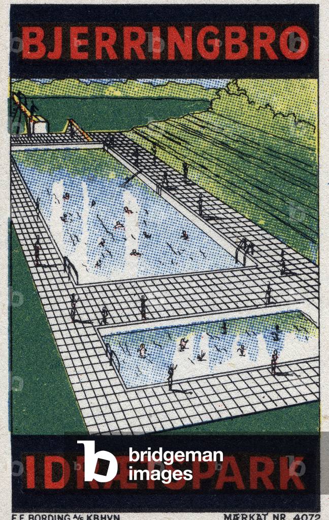 View of the pools and the diving board of an outdoor swimming pool, with swimmers in training - Illustrated vignette, claimed for the sports complex of Bjerringbro (Denmark), 20th century