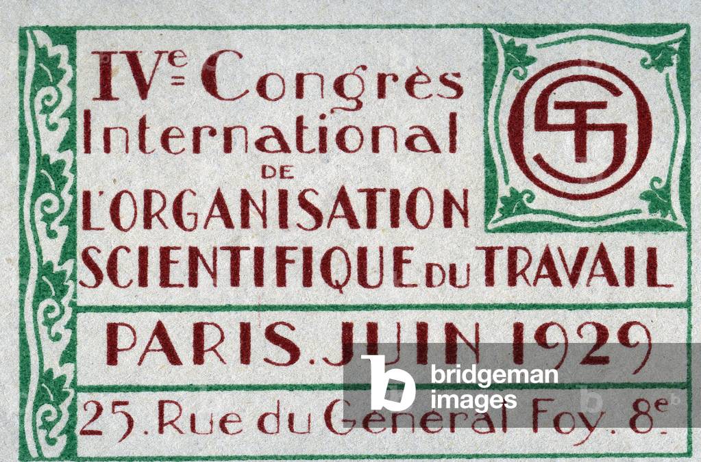 Sigle OST (Organisation Scientifique du Travail) - Vignette illustree, claimed for the 4th International Congress of the Scientific Organisation of Labour, Paris, 1929