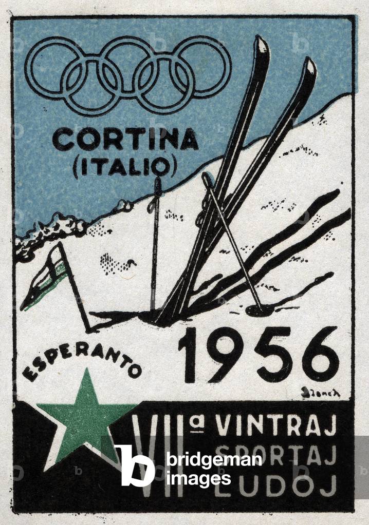 Skis and flag plants in the snow - Illustrated vignette for the Olympic Winter Games in Cortina d'Ampezzo (Italy), 1956