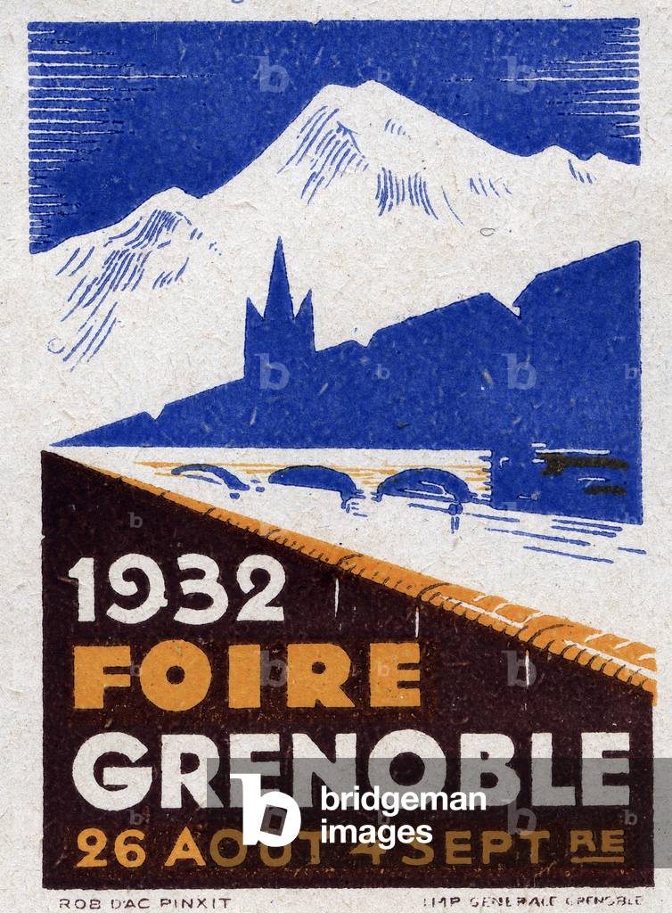 Les Alpes et l'ombre de Grenoble sur l'Isere - Vignette illustree, claim for the fair of Grenoble, 26 August - 4 September 1932