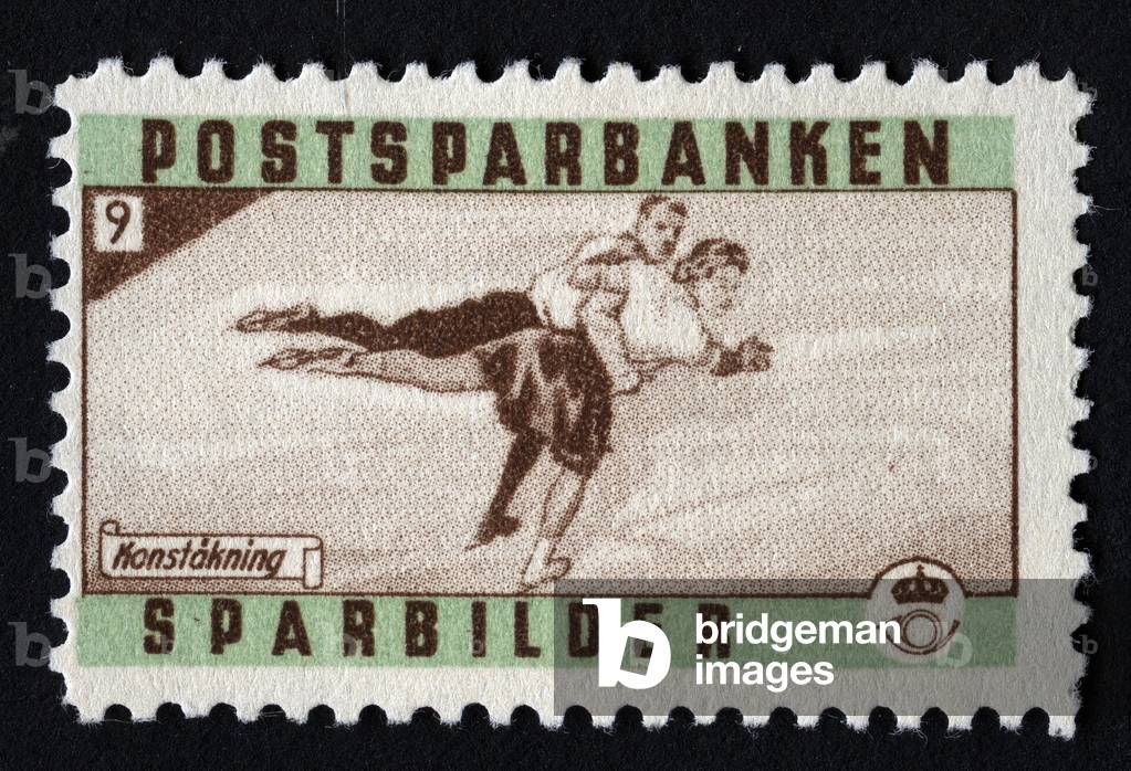 Figure skating: a couple of skaters execute a figure - Illustrated vignette, claimed for the postal banking se