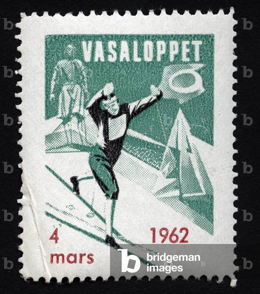 A cross-country skier of the annual race between Salen and Mora (Sweden), with in the background the silhouette of Gustave I Vasa (1496-1560), which the race commemorates - Vasaloppet, cross-country ski race, Sweden, 1962