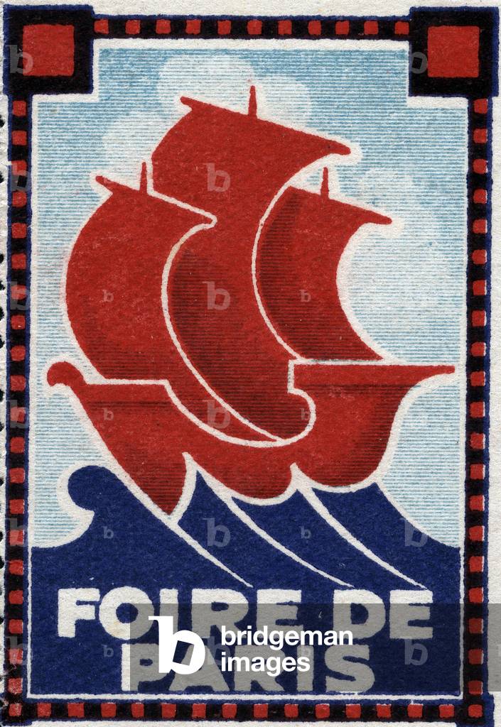 Sailing ship, coat of arms of the city of Paris, sailing on the sea - Vignette illustree, claim for the Paris Fair, sd, 20th century