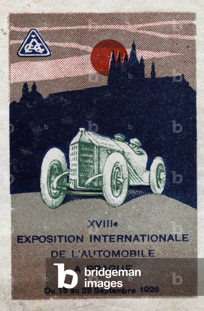 A car comes out of the shadows of the city of Prague - Vignette illustree, claimed for the 18th International Automobile Exhibition, Prague (Czech Republic), 1926