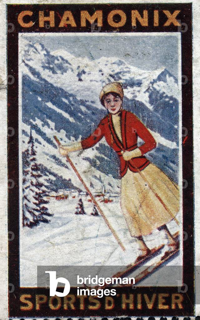 A skier on a ski slope in the Alps - Vignette illustree, claimed for the Winter Sports in Chamonix (France), beginning 20th century