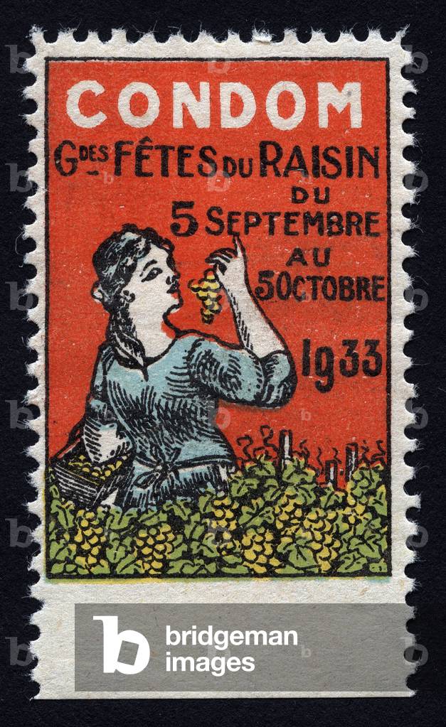 A young woman presents a bunch of grapes during the harvest - Vignette illustree, claim for the great grape celebrations in Condom, 1933