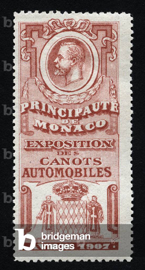 Portrait of Albert I of Monaco (1848-1922), with the coat of arms of the Grimaldi family - Vignette illustree, reclaimed for the exhibition of mobile canoes, at the Principaut of Monaco, 1907