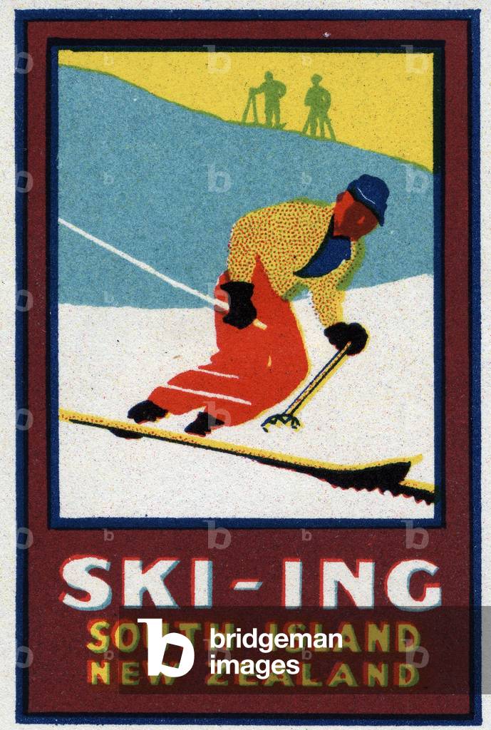 A skier - Illustrated vignette, claimed for skiing in South Island (New Zealand), beginning 20th century