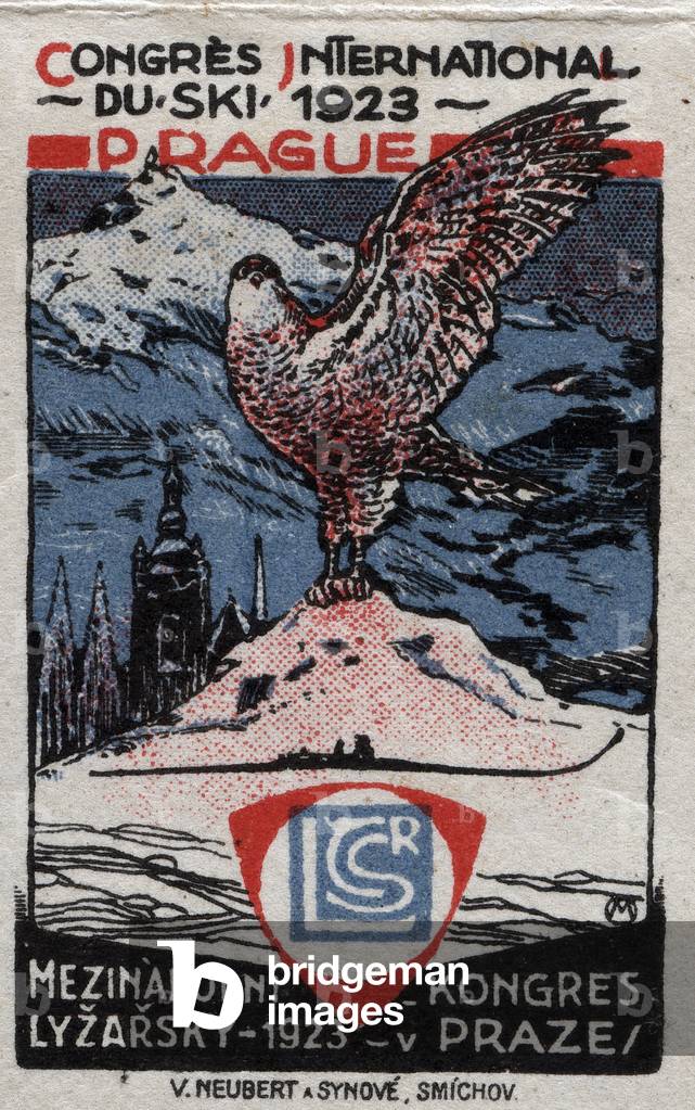 A bird of prey is placed on a snow-covered summit in front of a city set in a mountain valley - Illuminated vignette, claimed for the International Ski Congress, Prague (Czech Republic), 1923