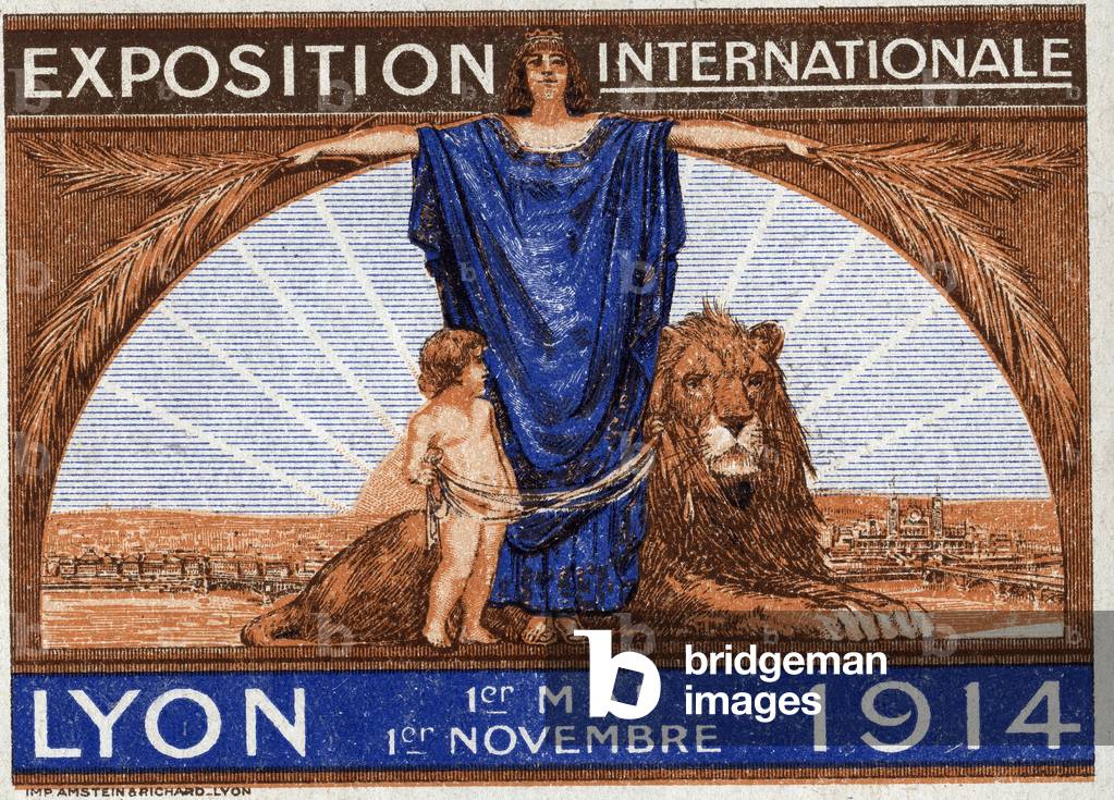 A woman stretching her arms on the panorama of the city of Lyon, 1914 (litho)