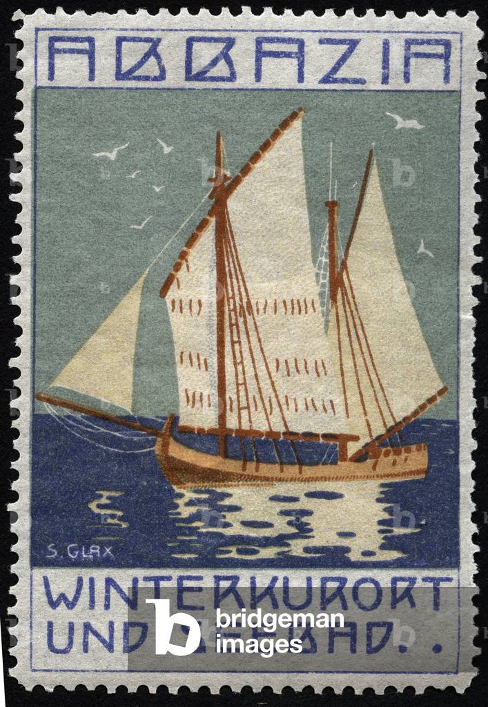 A sailboat sails on a calm sea - Illustrated vignette by S. Glax, reclaims for the winter and seaside resort of Abbazia (or Opatija) (Croatia), 20th century