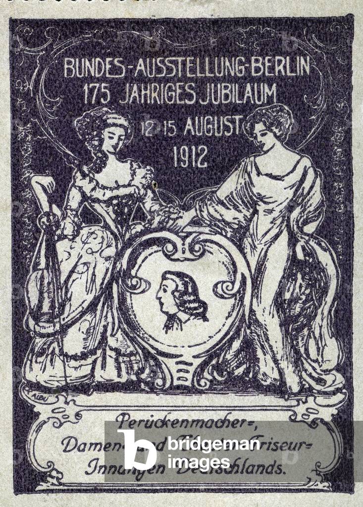 Two women stand around the portrait of a man - Illustrated vignette, claimed for the federal exhibition of the