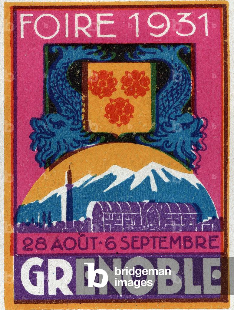Panorama of Grenoble, in front of the Alps, with the coat of arms of the city - Vignette illustree, claimed for the Grenoble Fair, 1931