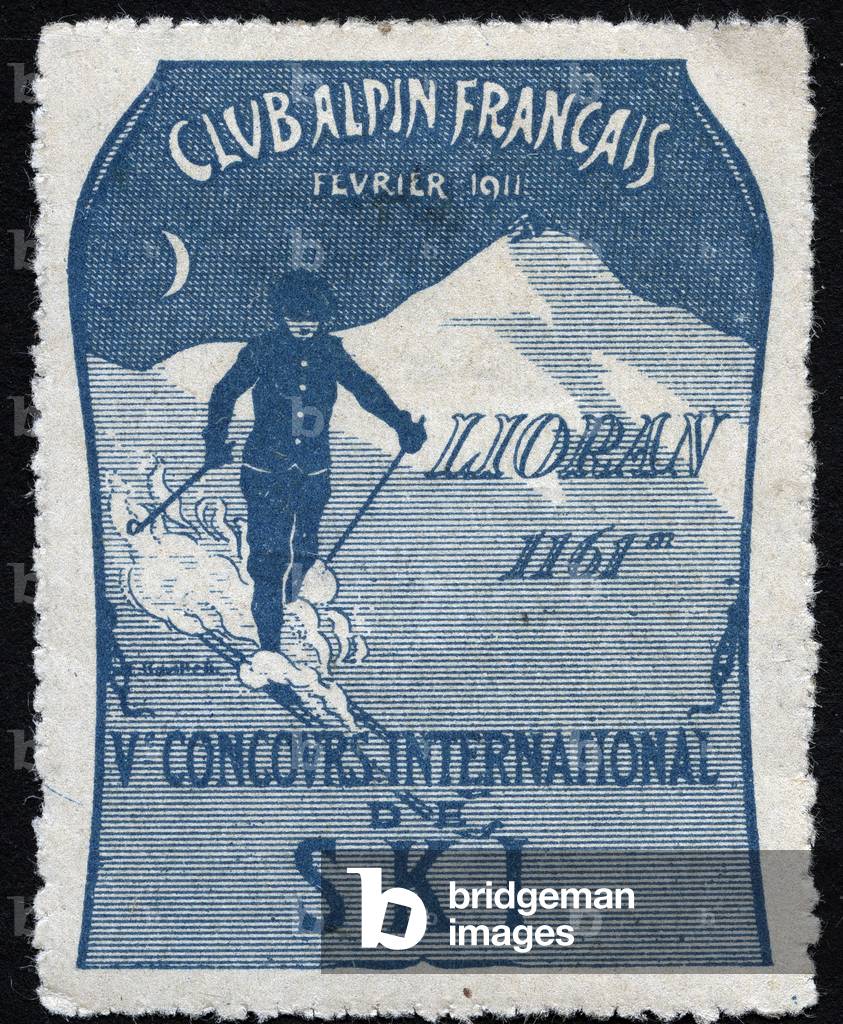 A skier evolves in powder, near a summit of the central massif, illuminated by a crescent of Moon - Vignette illustree of the Club Alpin Francais, claimed for the 5th international ski competition, in Lioran (France), 1911
