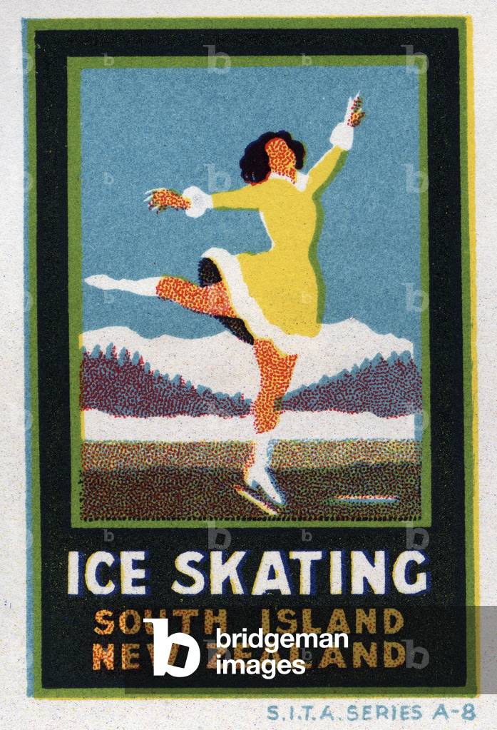 A young woman executes a figure in ice skating - Illustrated vignette, claimed for skating in South Island, New Zealand, early 20th century