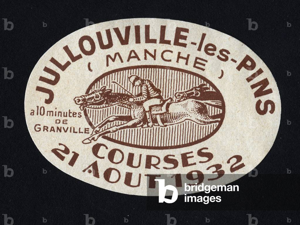 A jockey on his mount leads the race - Vignette illustree, claimed for the races of Jullouville les pins (Manche), 1932