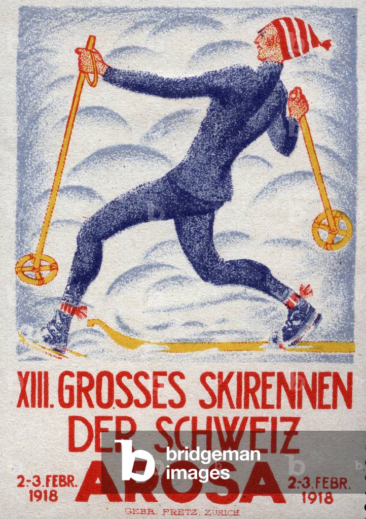 Cross-country skier gains speed - Vignette illustree, claimed for the 13th great Swiss ski race in Arosa, 1918