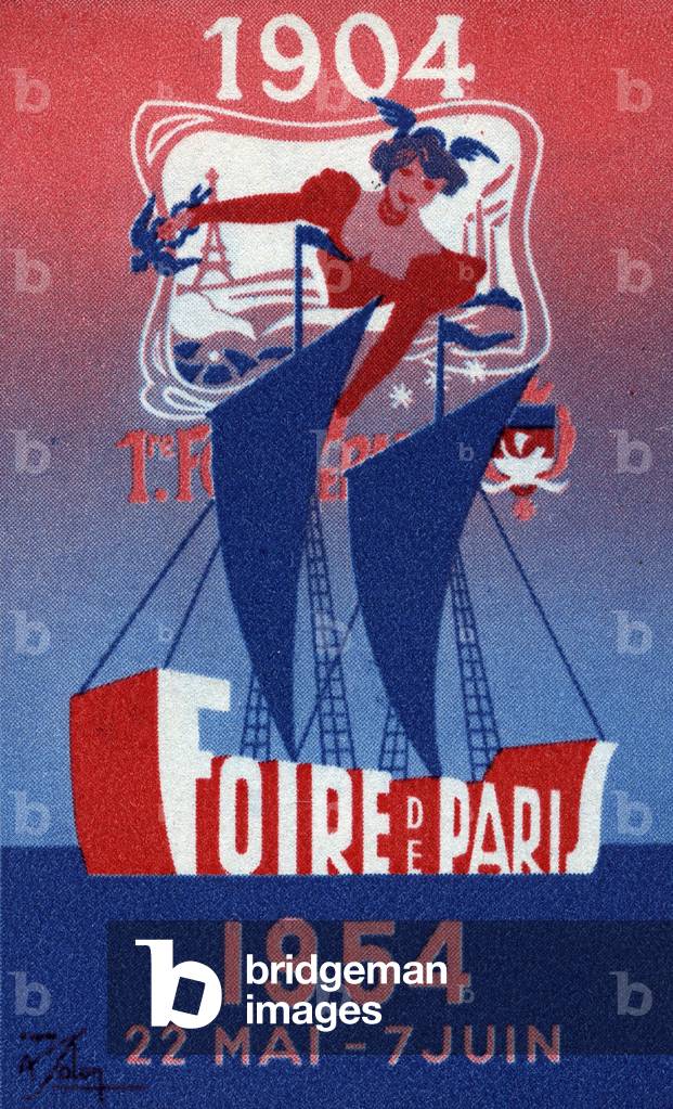 A young woman looks at the ship of arms of the city of Paris - Vignette illustree, claimed for the Paris Fair, from 22 May to 7 June 1954