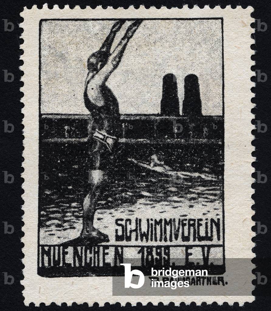 The silhouette of a swimmer begins in front of an open-air pool - Illuminated vignette, claimed for the Munich Swimming Club (Germany), 20th century