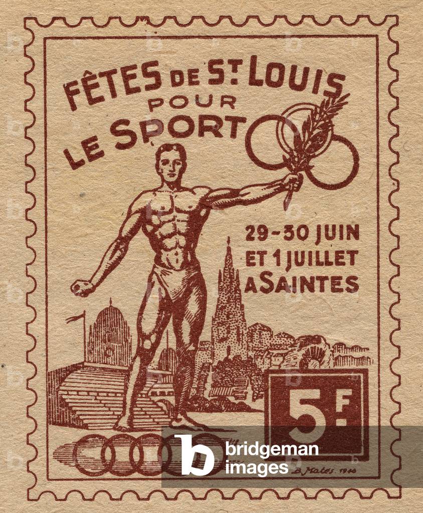 Athlete branches a laurel branch and Olympic circles in front of a panorama of the city - Vignette illustrated by B. Mates, reclaims for the Saint Louis celebrations for sport in Saintes, July 29-30, 1946