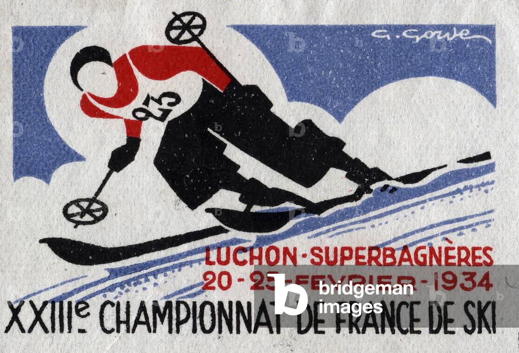 A skier, with his race bib swallows the track at full speed - Vignette illustrated by G. Gorde, claims for the 23rd French ski championship at Luchon Superbagneres (Haute Garonne, Pyrenees), 1934