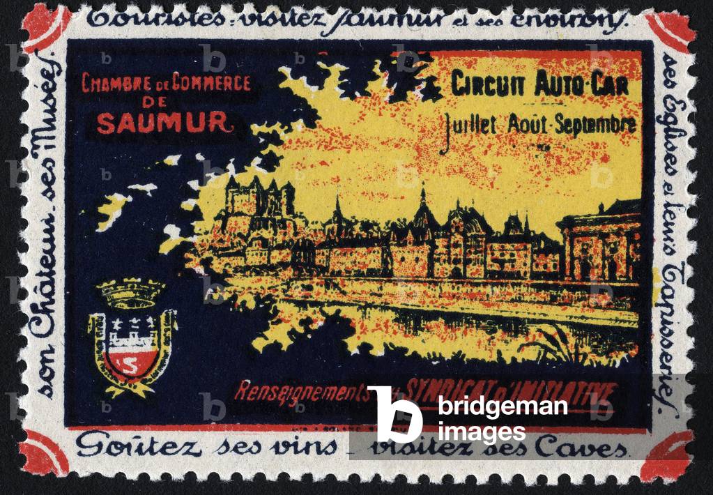 View of the city of Saumur (Maine et Loire) and the castle fortifies, with the coat of arms of the city - Vignette illustree, with the mention Chambre de Commerce de Saumur and circuit car - claim for the syndicate d'initiative de Saumur, 20th century
