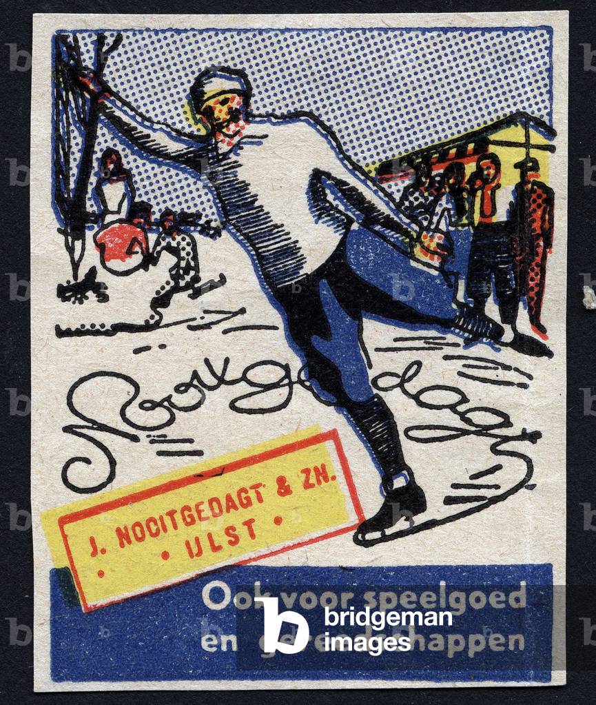 A smiling man made ice skating - Illustrated vignette, claimed for J. Nocitgedagt in ZN, sports equipment, toys and tools, in Ijlst (Netherlands), early 20th century