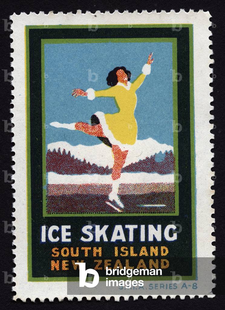 A young woman executes a figure in ice skating - Illustrated vignette, claim for ice skating in South Island (New Zealand), 20th century