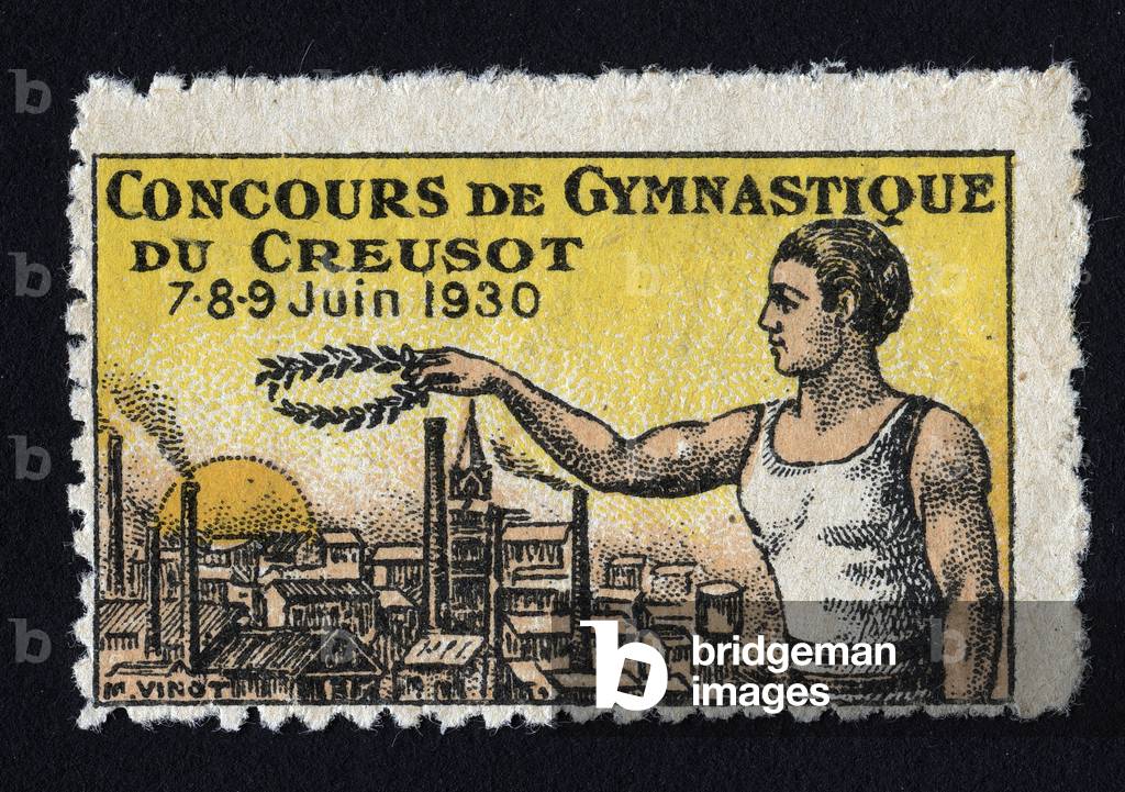 An athlete holds a laurel wreath above the panorama of the industrial city of Creusot - Vignette illustrated by Mr. Vinot, claimed for the Gymnastics Competition of Le Creusot (Saone and Loire), 1930