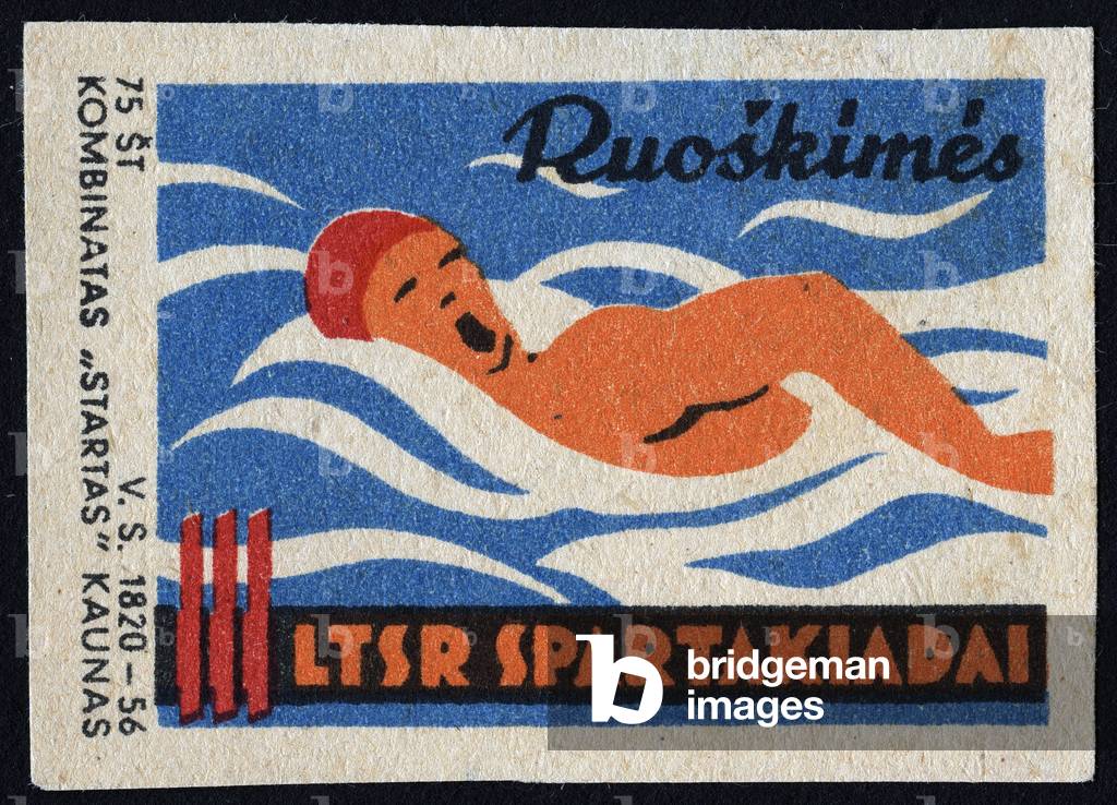 A crawl swimmer breathing in the middle of the race - Illustree vignette, reclaim for the Spartakiades, USSR, early 20th century (1928-1934)