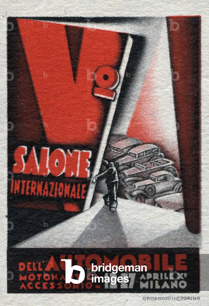 A man opens the door of the car exhibition - Illustrated vignette, claimed for the 5th International Motor Show, Motorcycle, Watercraft and Accessories, Milan (Italy), beginning of the 20th century