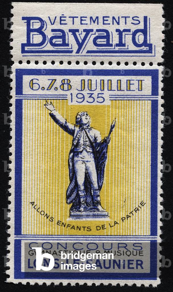 The statue of Claude Joseph Rouget de Lisle (1760-1836), author of the Marseillaise, French national anthem - Vignette illustrated with mention of Bayard clothing, claimed for the gymnastic and music competition of Lons Le Saunier (Jura, France), 1935
