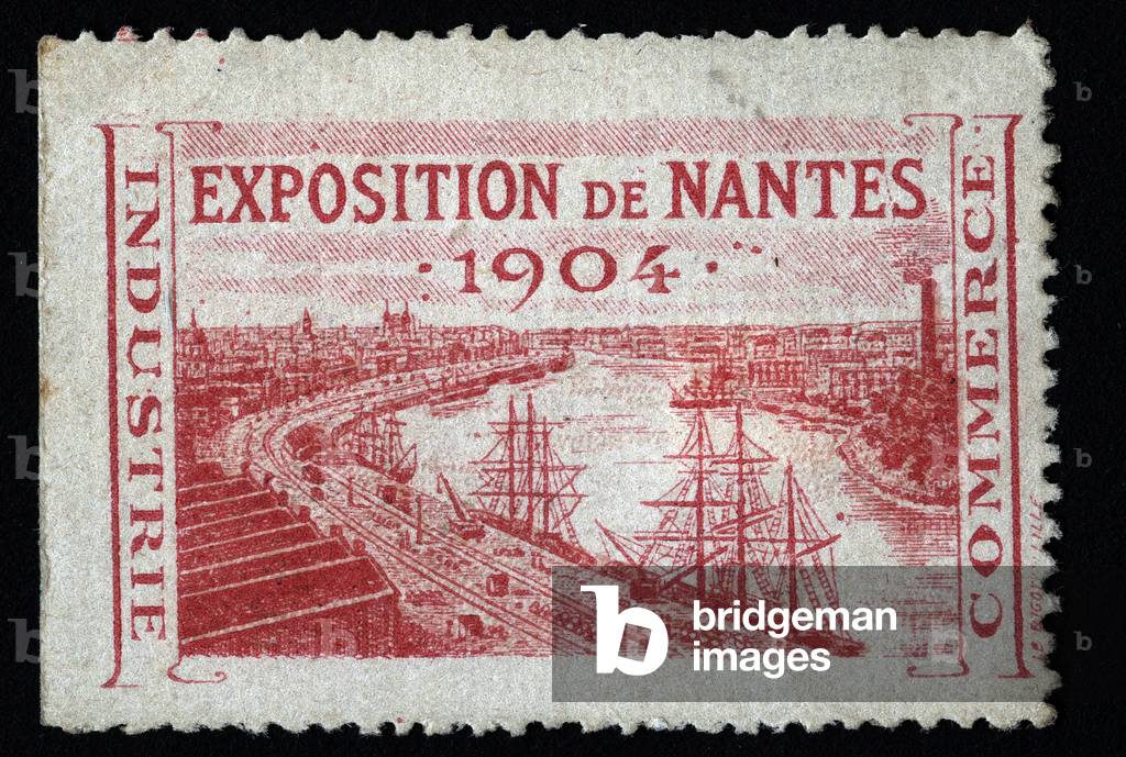 View of the banks of the Loire in Nantes, with the debarcaderes, the warehouses and the city - Vignette illustree, reclaim for the exhibition, trade, industry of Nantes, 1904