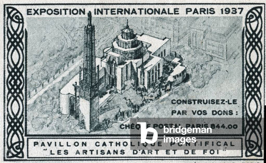 Aerian view of the Pontifical Catholic Pavilion, public call for donation for its construction, “” the artisans of art and faith”” - Illustree vignette, reclaimed for the Esposition Internationale de Paris, 1937