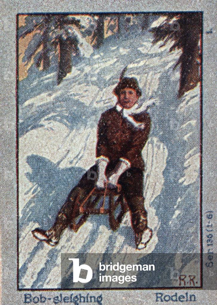 A man on a toboggan swallows a snow-covered track in the forest - Illustrated vignette for winter sports (Germany or Austria), early 20th century