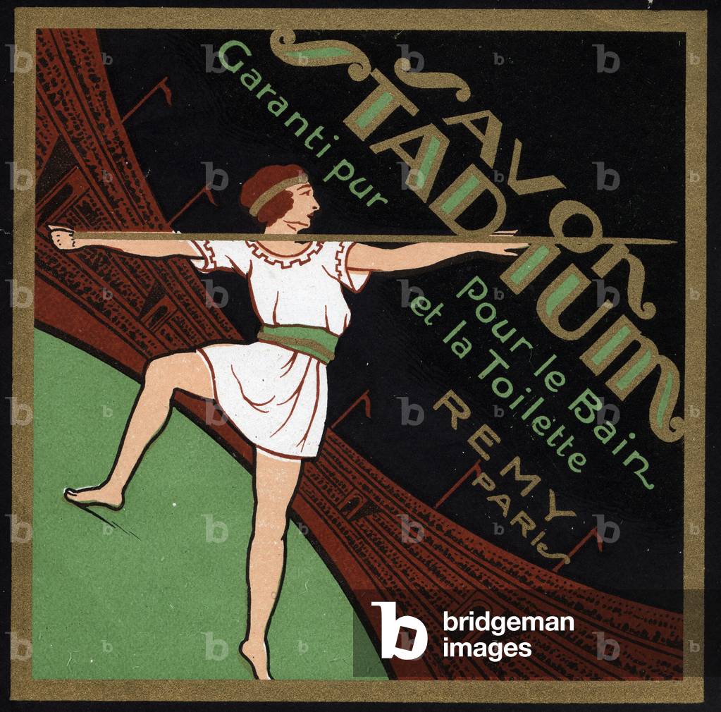 Young athlete at the test of javelin throwing, in an antique stadium - Vignette illustree, reclaim for soap Stadium, Remy, Paris (France), 20th century