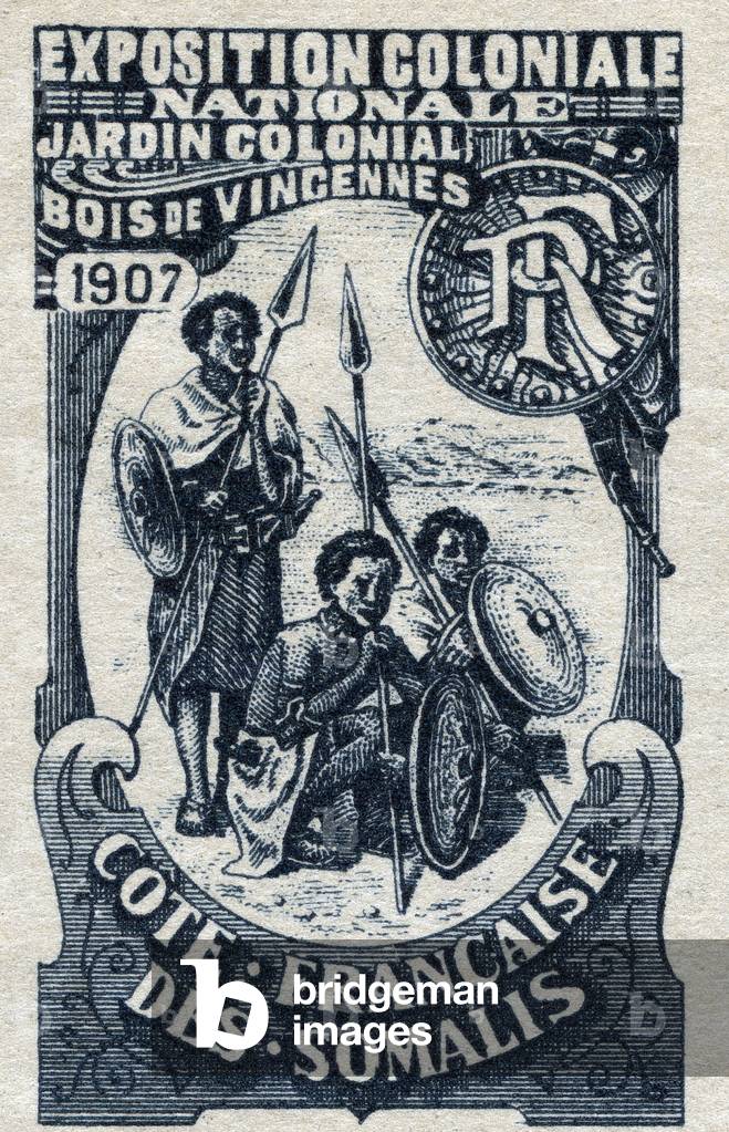 Indigenes de la cote francaise des Somalis (present-day republic of Djibouti) - Illustrated vignette, claimed for the national colonial exhibition, at the colonial garden of the Bois de Vincennes, 1907