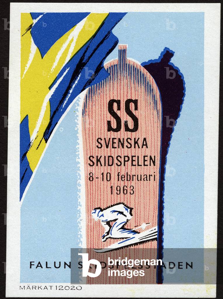 Skier silhouette gaining speed, with the Swedish flag - Illustrated vignette for ski games, in Falun (Sweden), 1963