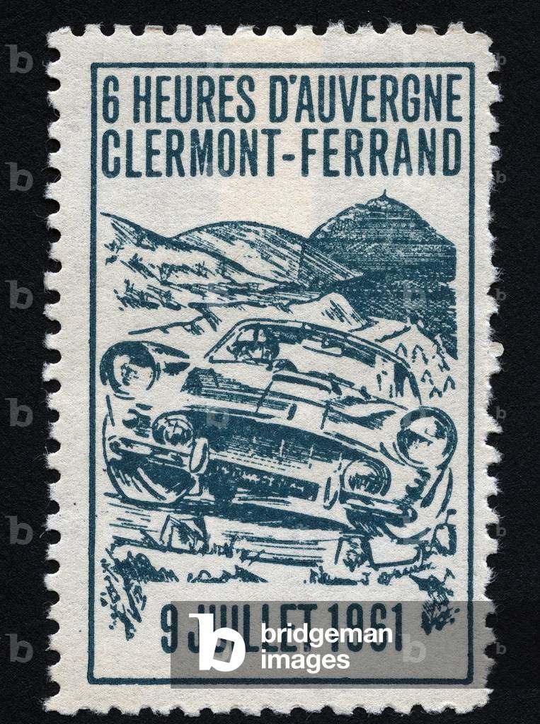 A car on a mountain road reaches the top - Vignette illustree, claimed for the 6 hours of Auvergne, Clermont Ferrand (France), 1961