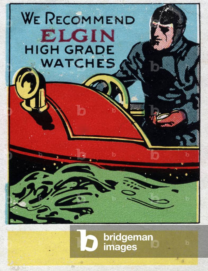 A racing boat driver at the wheel holds a watch (chronometer) in hand - Illuminated vignette, claimed for Elgin watch company (USA), 20th century
