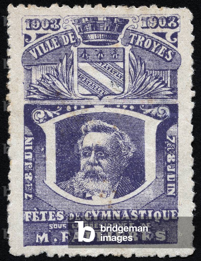 Portrait of Armand Fallieres (1841-1931) President of the republic, with the coat of arms of the city of Troyes (blue color) - Illustree vignette, reclaimed for gymnastics parties, in Troyes (Aube), 1908