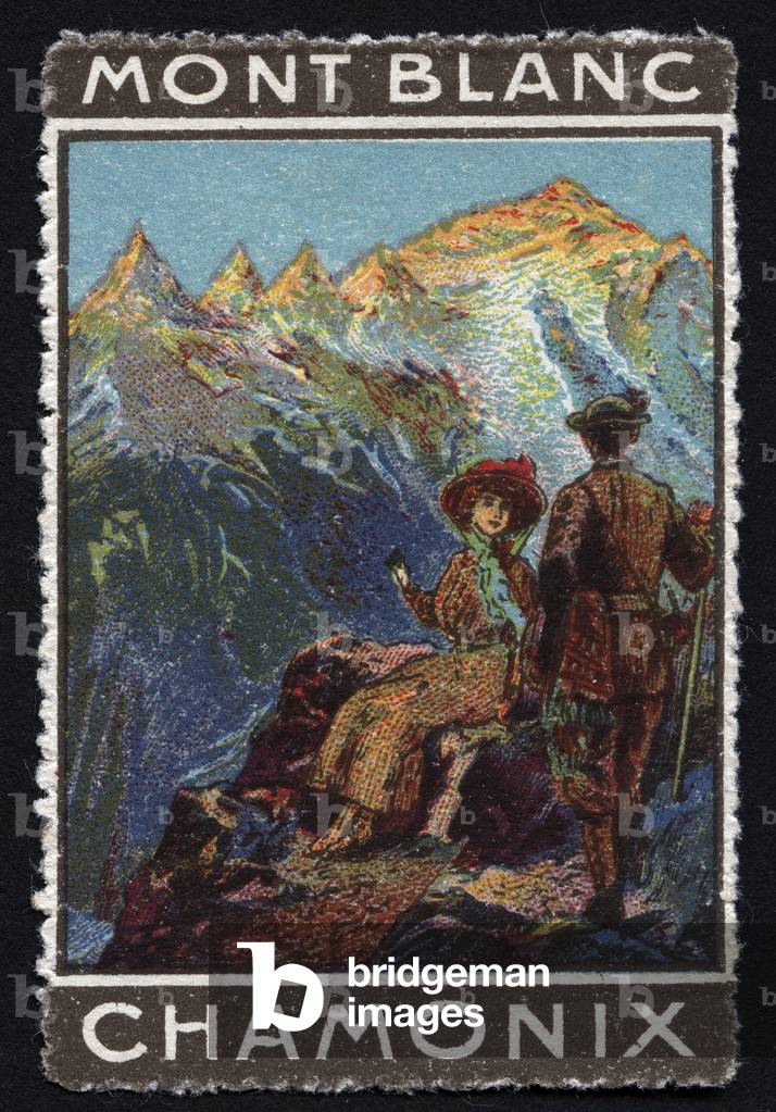 A couple of mountaineers rest and observe the panorama of the Alpine range - Vignette illustree, claimed for Mont Blanc, Chamonix (France), beginning 20th century