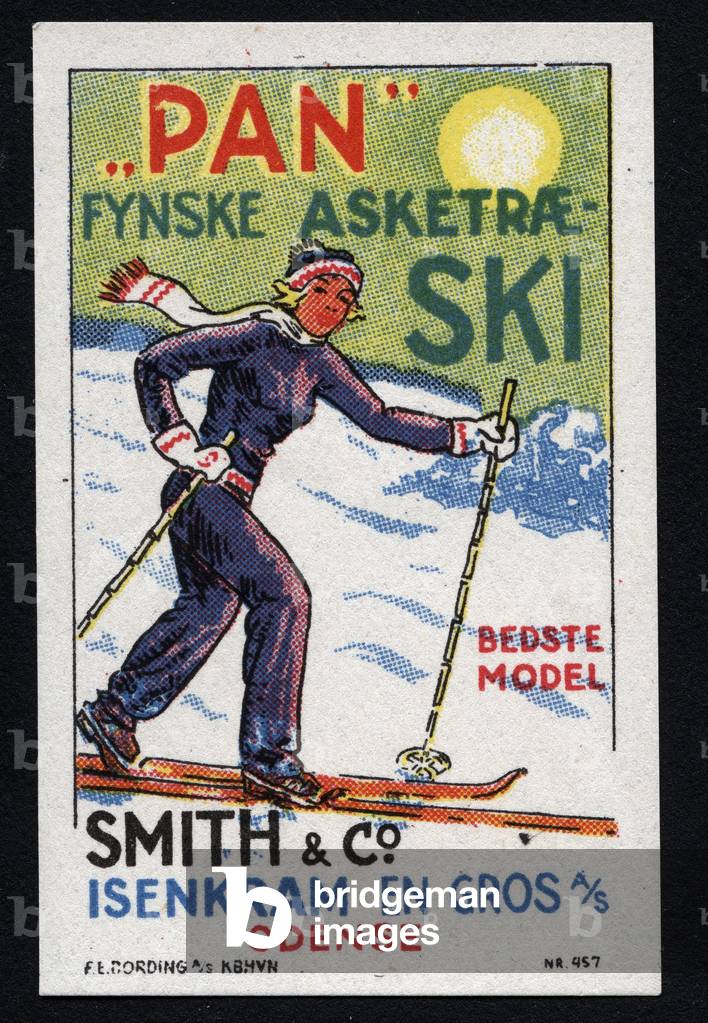 Young woman hikes cross-country skiing on the island of Fionie (Denmark) - Illustrated vignette, claimed for the sports store Smith et Co, in Odense (Denmark), early 20th century