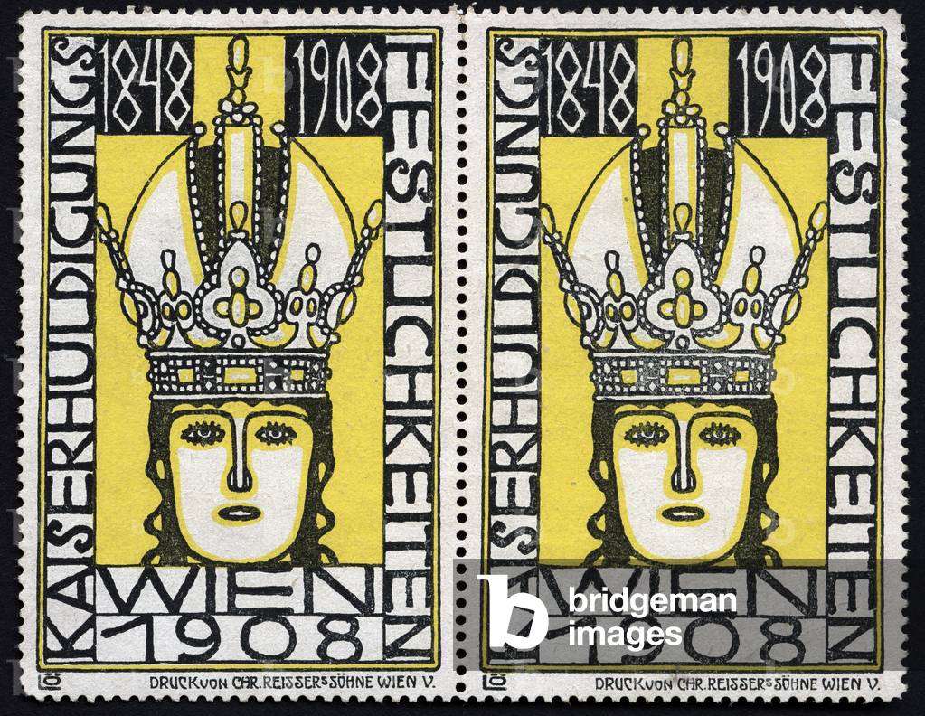 Face of an Emperor Crown - Double vignette illustrated by Berthold Loffler (1874-1960), claim for the Emperor's treats, Vienna, Austria, 1908