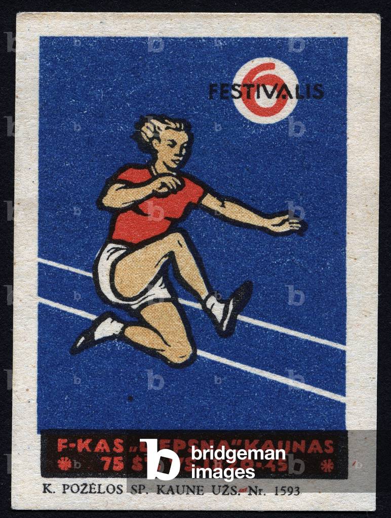 An athlete has the long jump test (blue color) - Illuminated vignette, claimed for the 6th festivalis, F-Kas Liepsna, in Kaunas (Poland), beginning 20th century